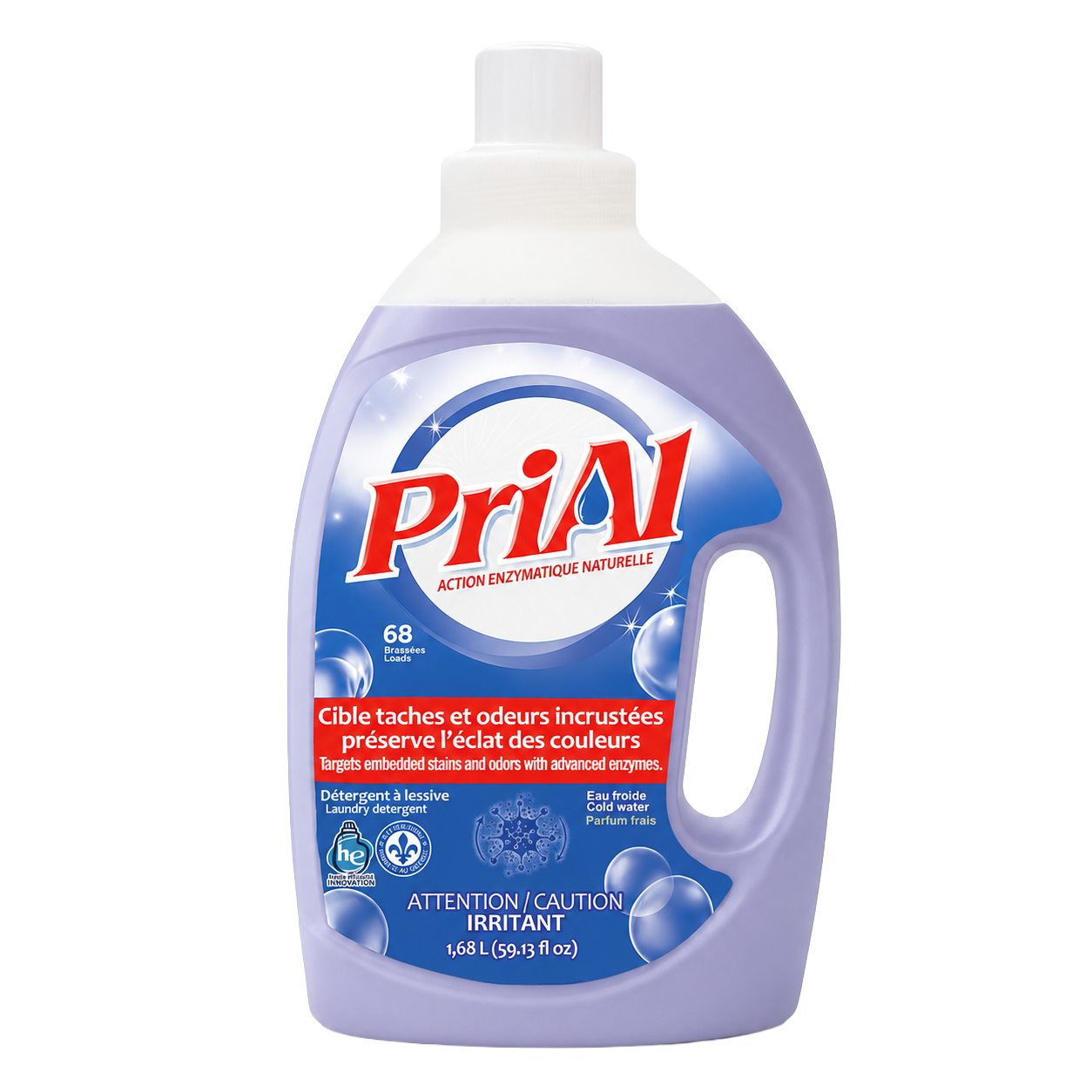 PriAl Enzymatique : contenant violet officiel de 1,68 L, parfum frais, pour le lavage en eau froide.